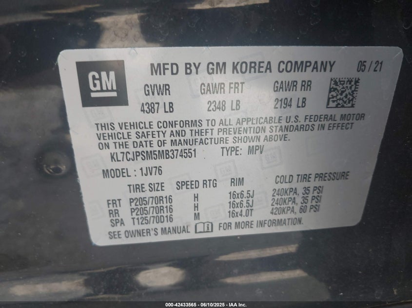 2021 CHEVROLET TRAX 1.4L I-4 DI, DOHC, V(VIN: KL7CJPSM5MB374551