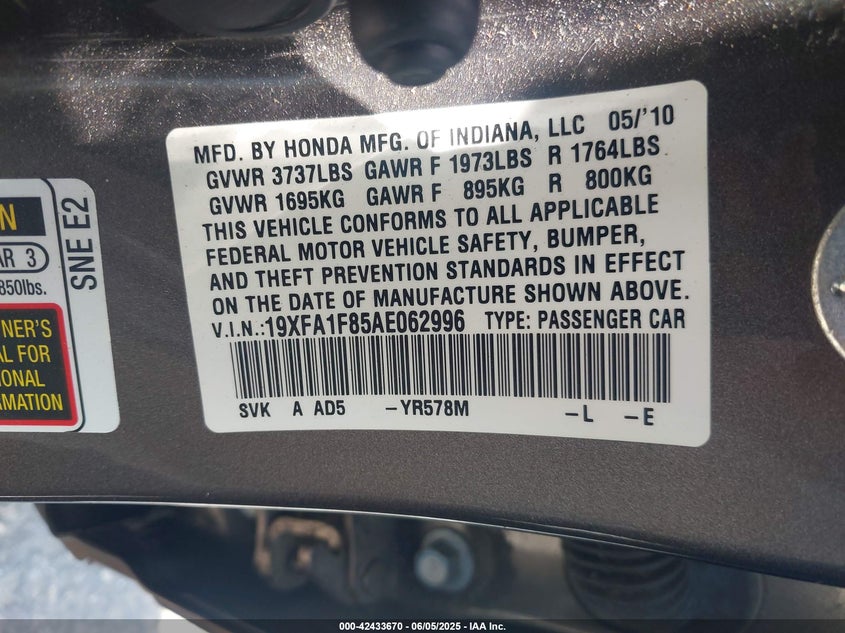 2010 HONDA CIVIC VIN: 19XFA1F85AE062996