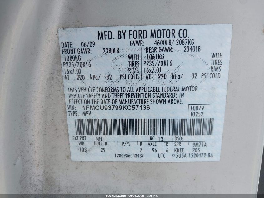 2009 Ford Escape Xlt VIN: 1FMCU93799KC57136 Lot: 42433699