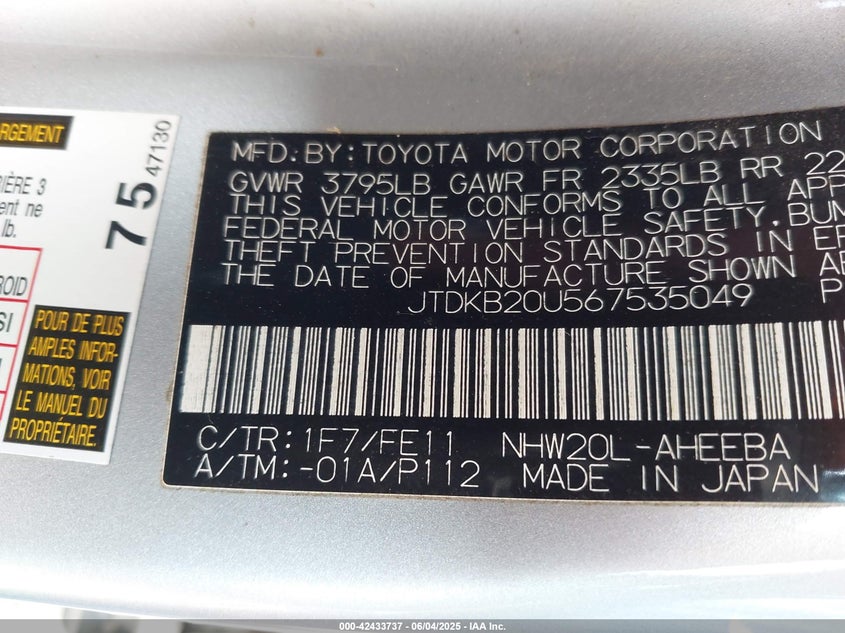 2006 TOYOTA PRIUS VIN: JTDKB20U567535049
