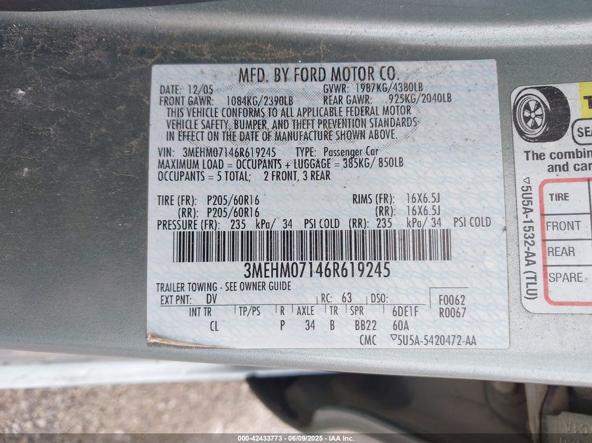 2006 MERCURY MILAN VIN: 3MEHM07146R619245