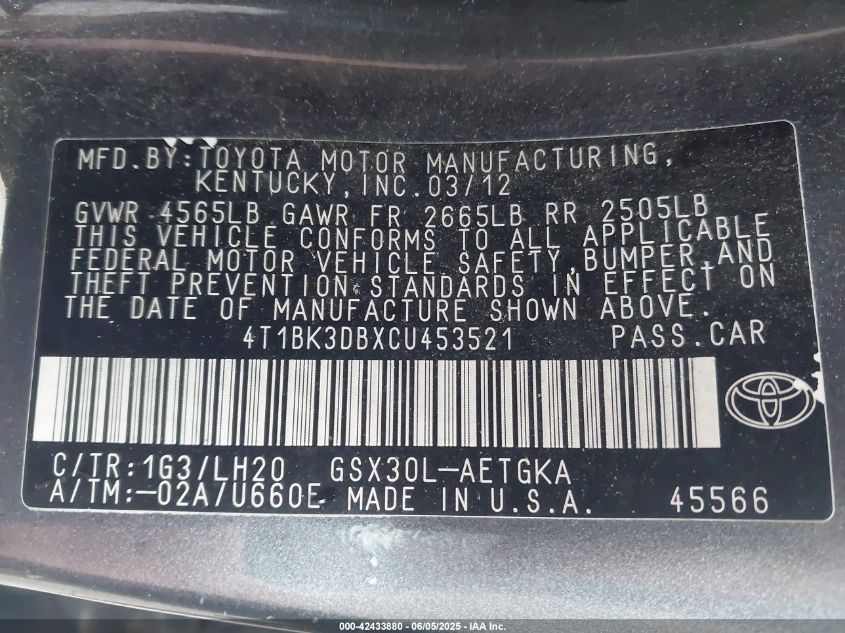 2012 Toyota Avalon VIN: 4T1BK3DBXCU453521 Lot: 42433880