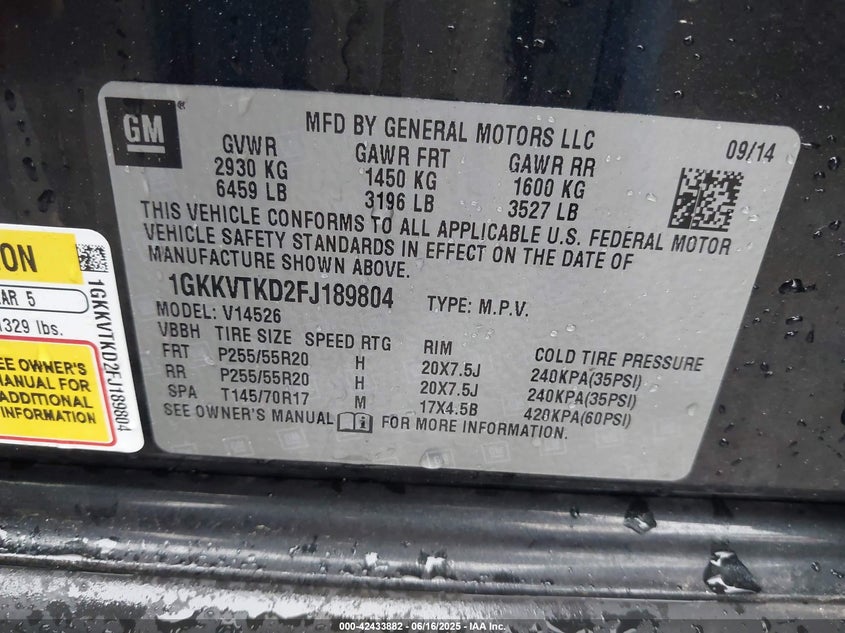 2015 GMC ACADIA VIN: 1GKKVTKD2FJ189804
