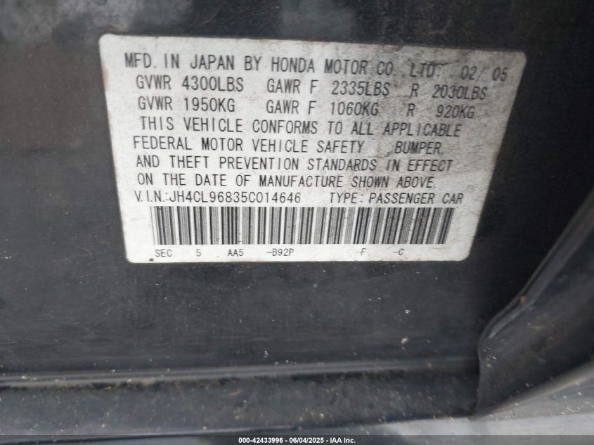 2005 Acura Tsx VIN: JH4CL96835C014646 Lot: 42433996