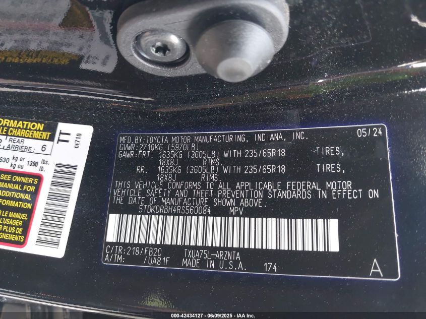 2024 Toyota Highlander Le VIN: 5TDKDRBH4RS560084 Lot: 42434127