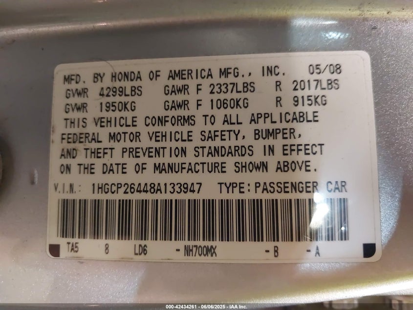 2008 Honda Accord 2.4 Lx-P VIN: 1HGCP26448A133947 Lot: 42434261