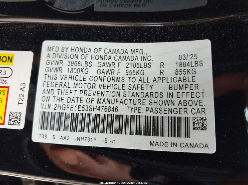 2025 Honda Civic Si Base W/High Performance Summer Tires/ VIN: 2HGFE1E53SH476846 Lot: 42434613