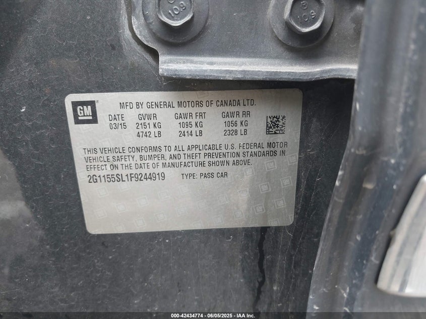 2015 Chevrolet Impala 1Lz VIN: 2G1155SL1F9244919 Lot: 42434774