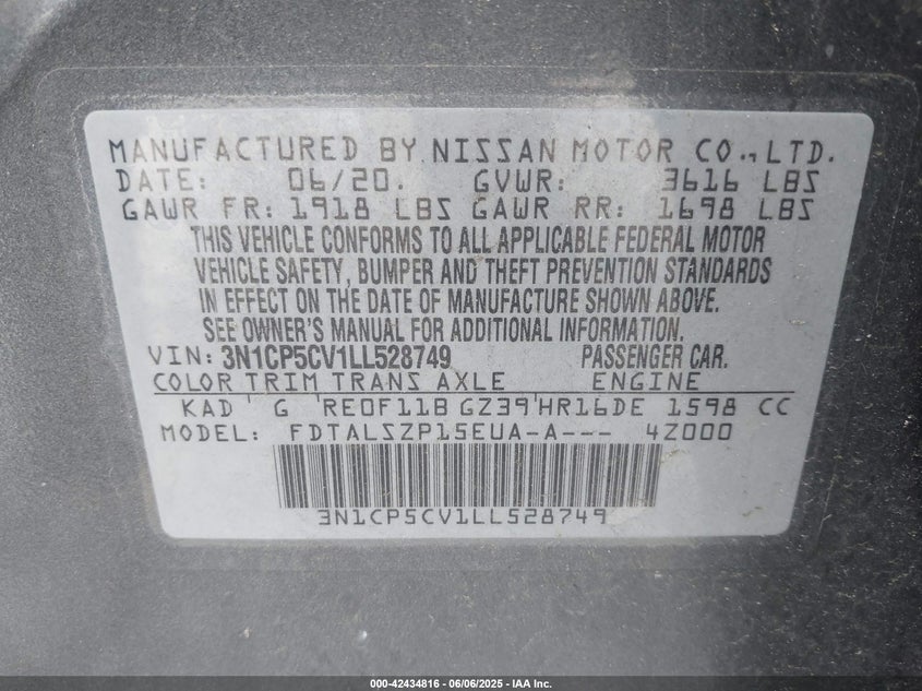 VIN 3N1CP5CV1LL528749 2020 NISSAN KICKS SV XTRONIC CVT