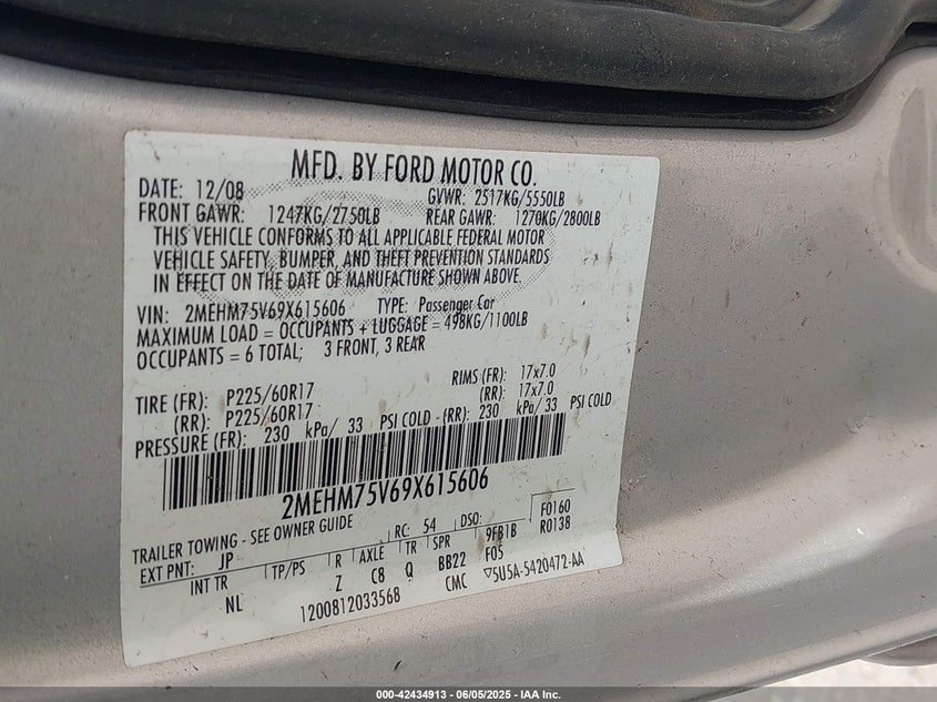 2009 MERCURY GRAND MARQUIS VIN: 2MEHM75V69X615606