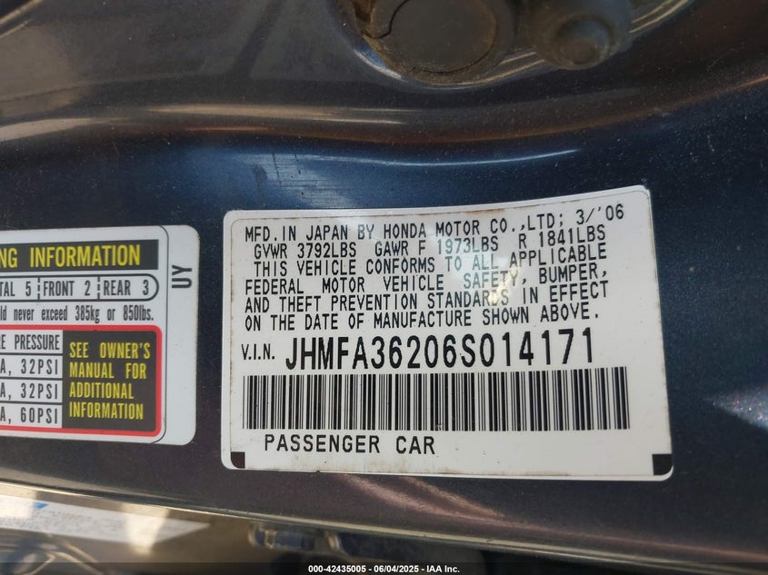 2006 HONDA CIVIC HYBRID VIN: JHMFA36206S014171