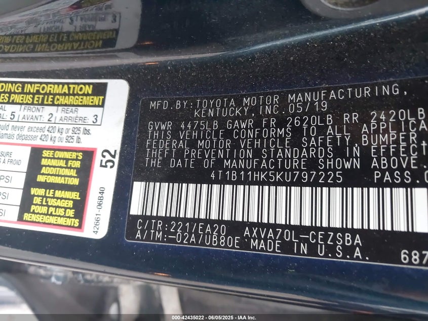 2019 TOYOTA CAMRY SE - 4T1B11HK5KU797225