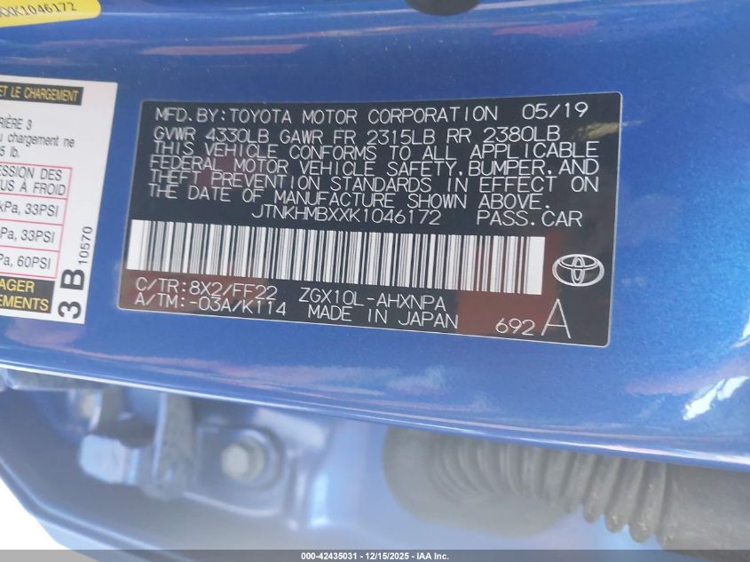 2019 Toyota C-Hr Xle VIN: JTNKHMBXXK1046172 Lot: 42435031