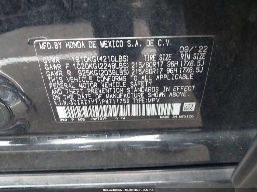 2023 HONDA HR-V VIN: 3CZRZ1H71PM711759