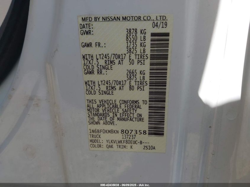 2012 Nissan Nv 2500 Nv2500 Hd S V6 VIN: 1N6BF0KY9CN106011 Lot: 42435038