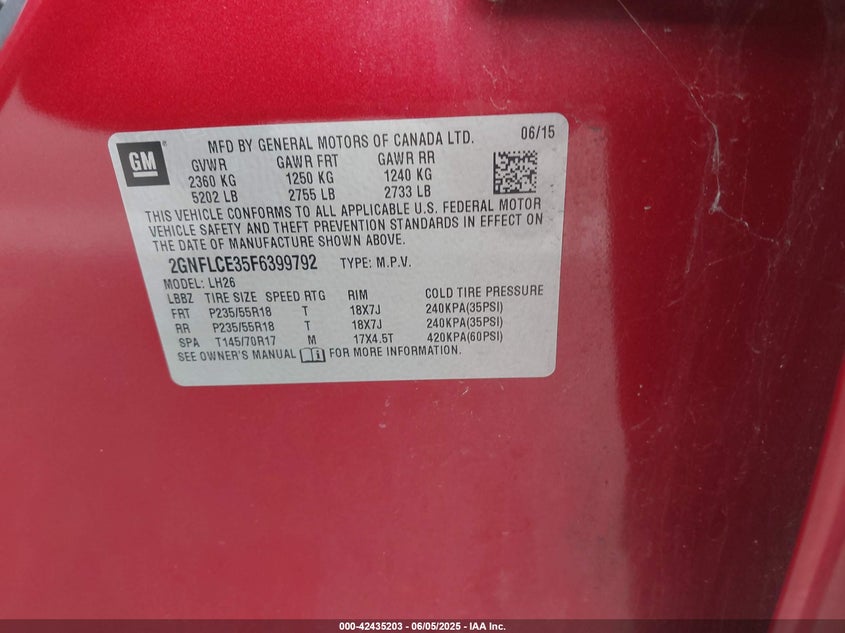 2015 CHEVROLET EQUINOX 2LT - 2GNFLCE35F6399792