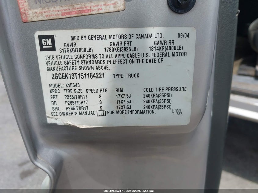 2005 Chevrolet Silverado 1500 Ls VIN: 2GCEK13T151164221 Lot: 42435247