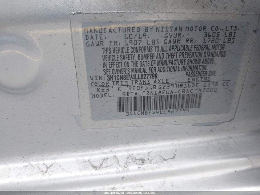 2020 NISSAN VERSA VIN: 3N1CN8EV4LL827799