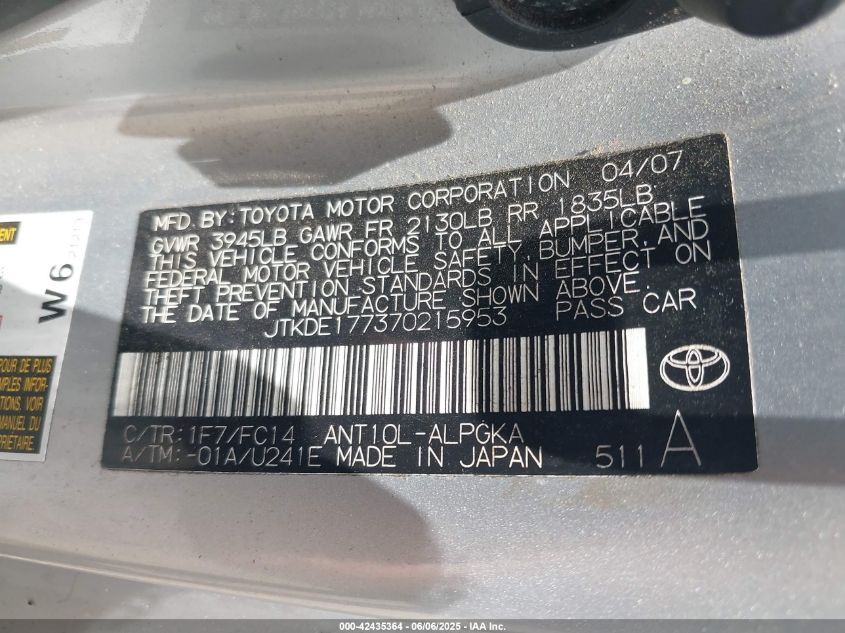 2007 Scion Tc VIN: JTKDE177370215953 Lot: 42435364