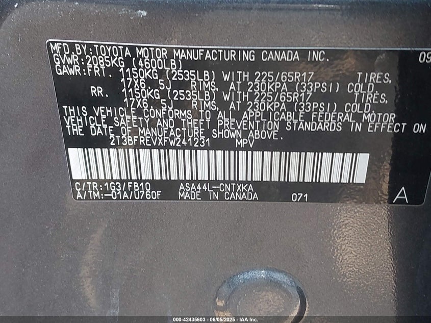 2015 Toyota Rav4 Le VIN: 2T3BFREVXFW241231 Lot: 42435603