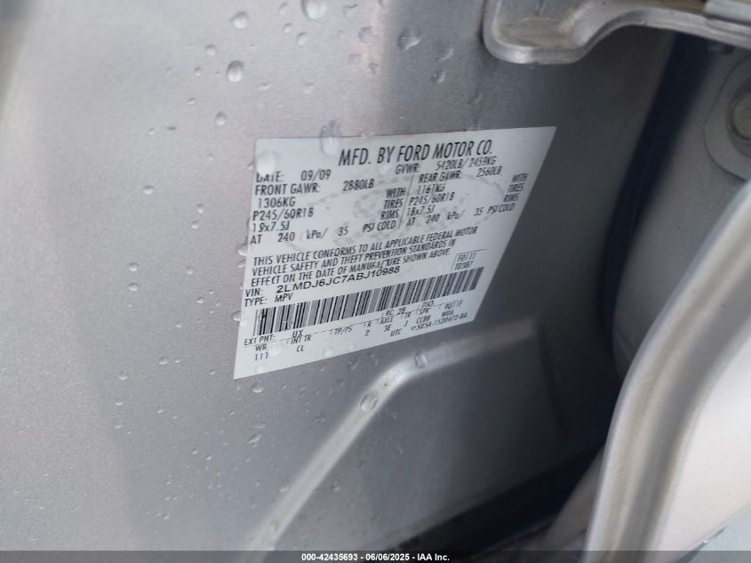 2010 Lincoln Mkx VIN: 2LMDJ6JC7ABJ10988 Lot: 42435693