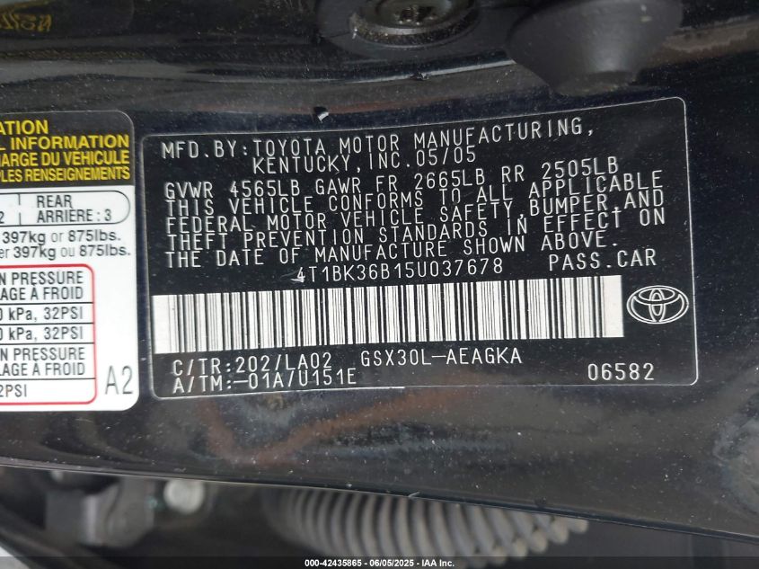 2005 Toyota Avalon Xls VIN: 4T1BK36B15U037678 Lot: 42435865