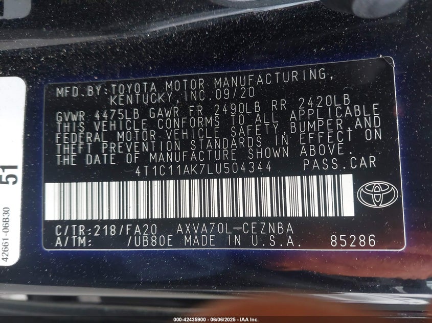 2020 TOYOTA CAMRY VIN: 4T1C11AK7LU504344