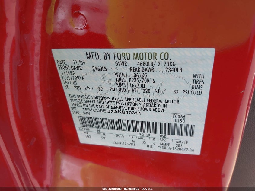 2010 FORD ESCAPE VIN: 1FMCU9EGXAKB10311