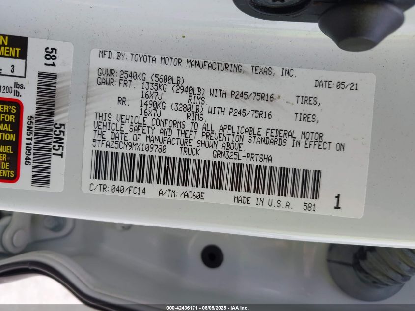 2021 Toyota Tacoma Sr5 V6 VIN: 5TFAZ5CN9MX109780 Lot: 42436171