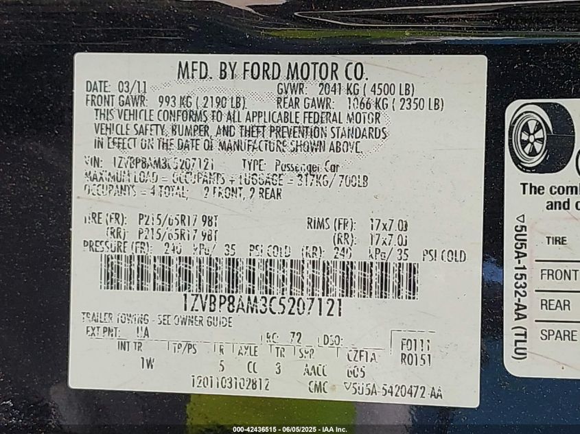 2012 Ford Mustang V6 VIN: 1ZVBP8AM3C5207121 Lot: 42436515