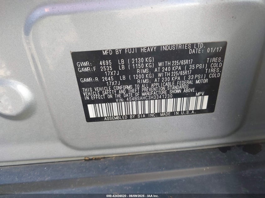 2017 SUBARU OUTBACK 2.5I PREMIUM - 4S4BSAHC3H3341230