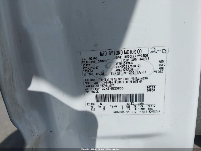 2005 Ford F150 VIN: 1FSRF122X5NB25835 Lot: 42436684