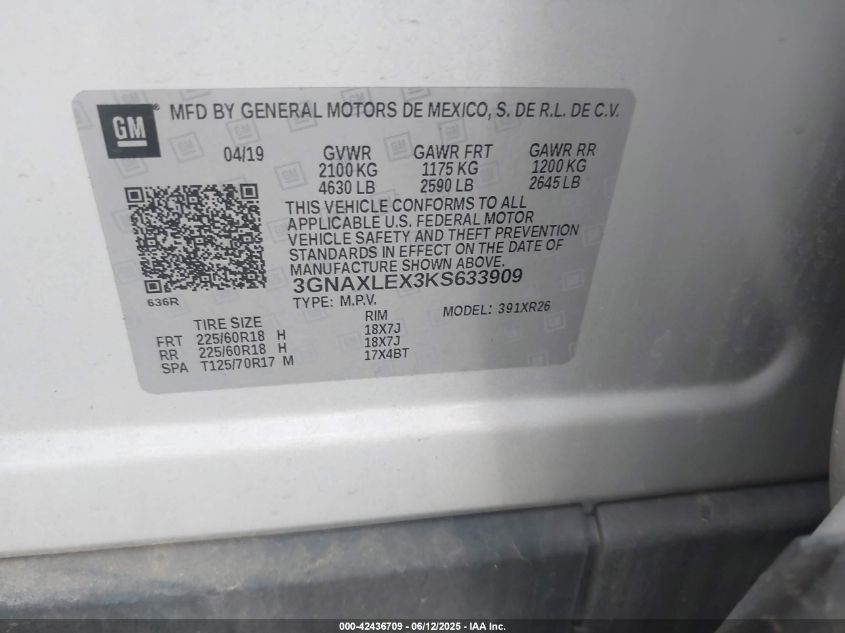 2019 Chevrolet Equinox VIN: 3GNAXLEX3K633909 Lot: 42436709