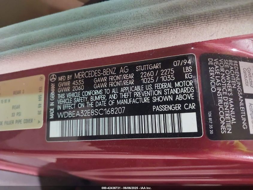 1995 Mercedes-Benz E 320 Base/320 Special VIN: WDBEA32E8SC168207 Lot: 42436731