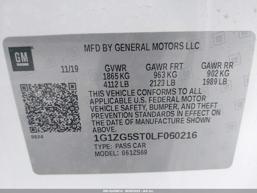 2020 CHEVROLET MALIBU VIN: 1G1ZG5ST0LF060216