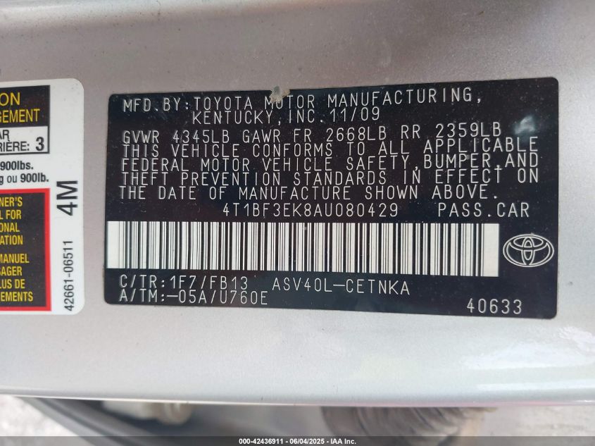 2010 Toyota Camry Le VIN: 4T1BF3EK8AU080429 Lot: 42436911