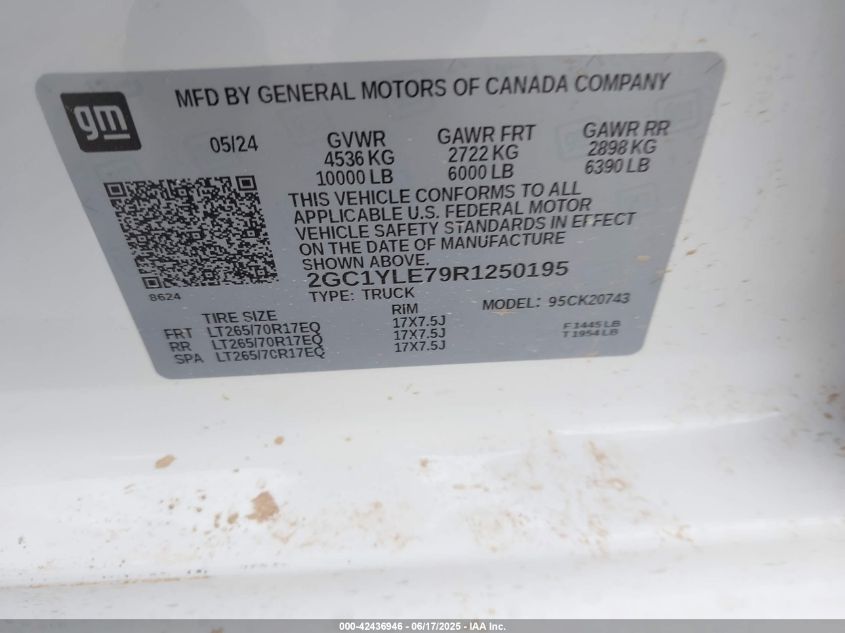 2024 Chevrolet Silverado 2500Hd 4Wd Standard Bed Work Truck VIN: 2GC1YLE79R1250195 Lot: 42436946