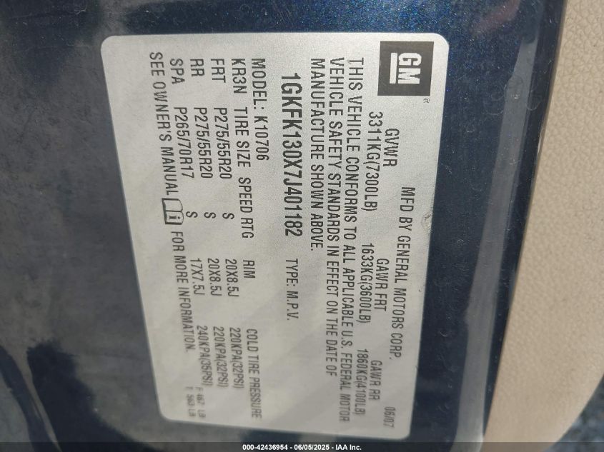 2007 GMC Yukon Slt VIN: 1GKFK130X7J401182 Lot: 42436954