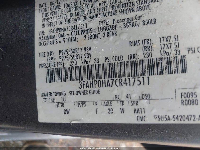 2012 FORD FUSION VIN: 3FAHP0HA7CR417511