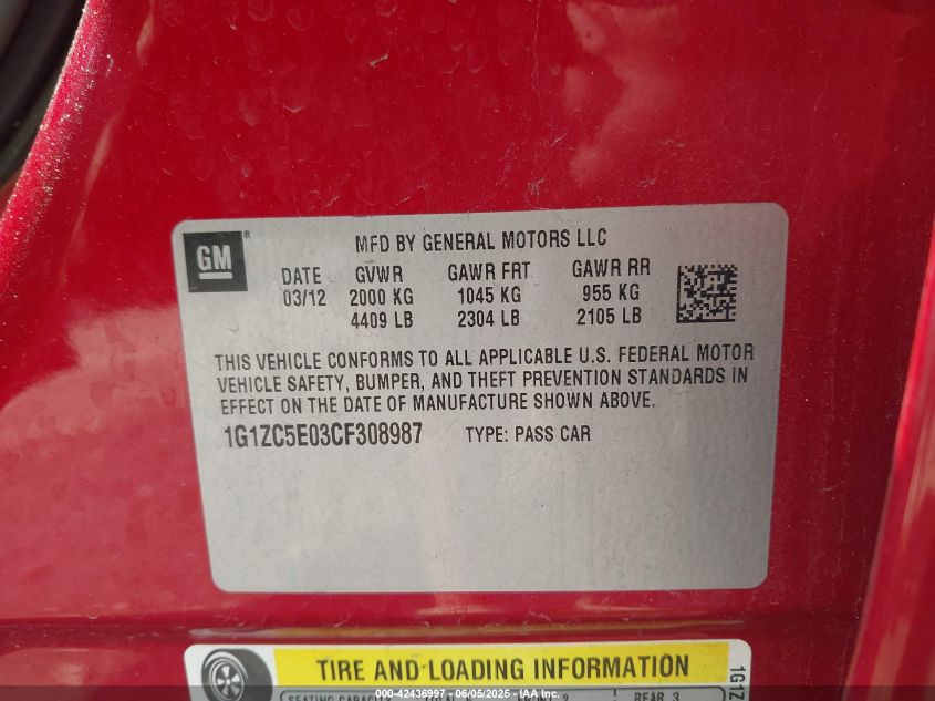 2012 Chevrolet Malibu 1Lt VIN: 1G1ZC5E03CF308987 Lot: 42436997