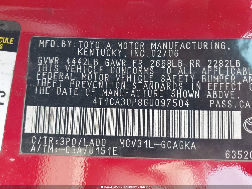2006 TOYOTA CAMRY SOLARA VIN: 4T1CA30P86U097504