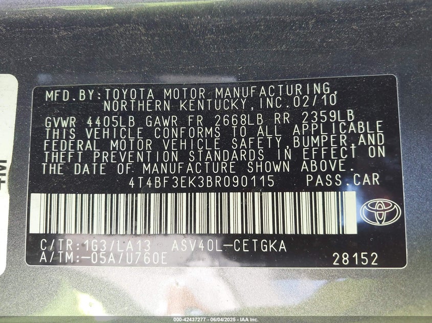 2011 TOYOTA CAMRY VIN: 4T4BF3EK3BR090115