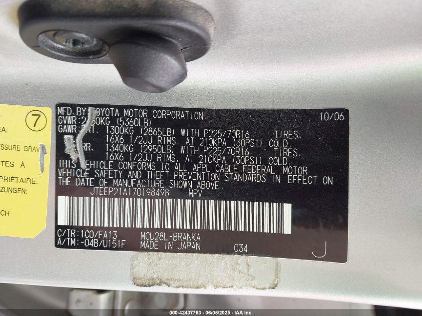 2007 Toyota Highlander V6 VIN: JTEEP21A170198498 Lot: 42437763