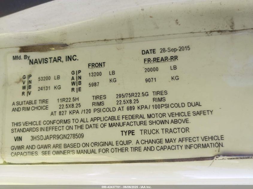 2016 International Prostar VIN: 3HSDJAPR9GN278509 Lot: 42437781