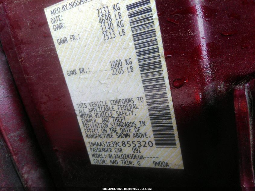 2009 Nissan Maxima 3.5 S/3.5 Sv VIN: 1N4AA51E39CH55320 Lot: 42437902