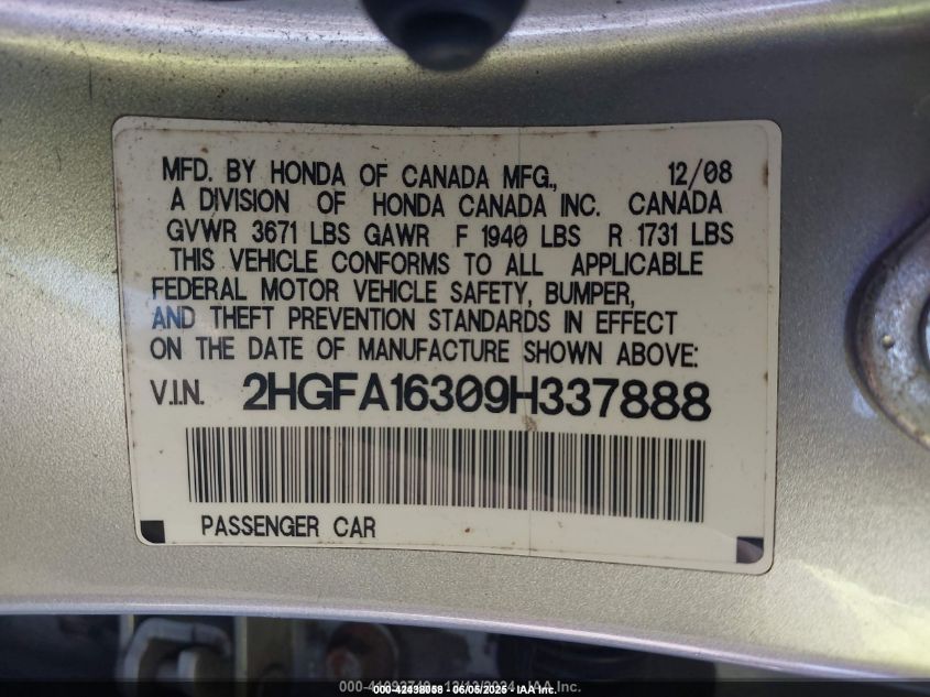 2009 Honda Civic Vp VIN: 2HGFA16309H337888 Lot: 42438058