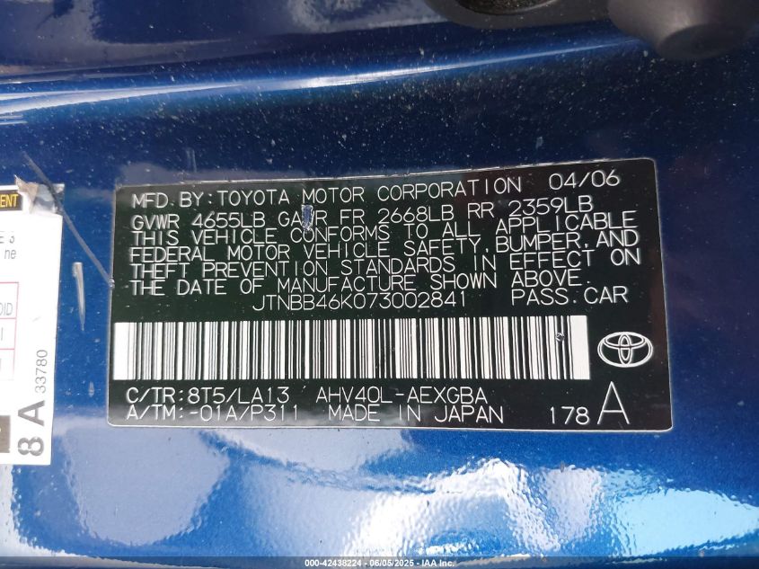 2007 Toyota Camry Hybrid VIN: JTNBB46K073002841 Lot: 42438224