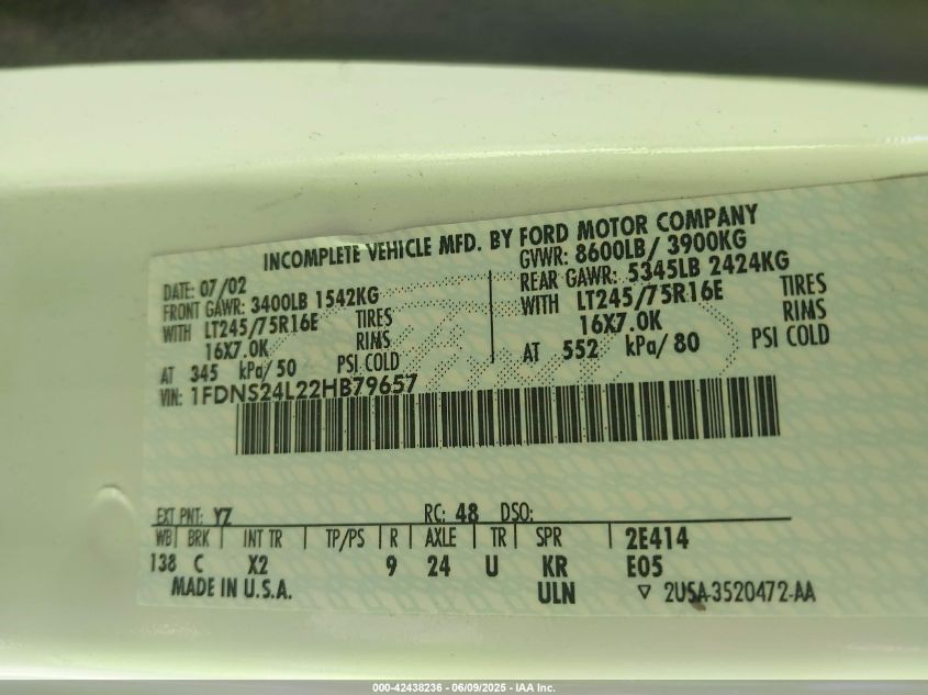 2002 Ford E-250 Commercial/Recreational VIN: 1FDNS24L22HB79657 Lot: 42438236