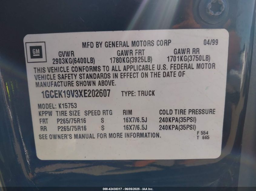 1999 Chevrolet Silverado 1500 Ls VIN: 1GCEK19V3XE202607 Lot: 42438317