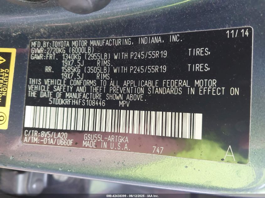 2015 Toyota Highlander Limited Platinum V6/Limited V6 VIN: 5TDDKRFH4FS10844 Lot: 42438399